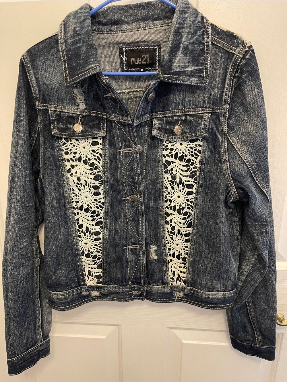 Rue21 Dark Wash Denim Jacket with White Crochet Panels